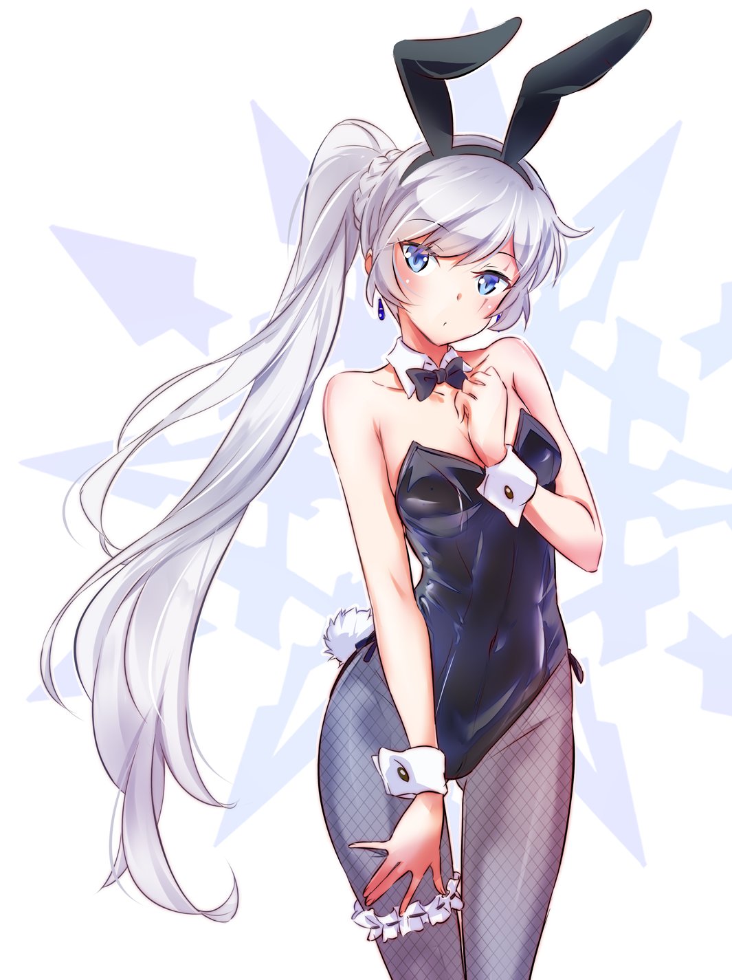 1girl :o =o animal_ears arm_between_breasts bare_shoulders black_legwear black_leotard black_neckwear blue_eyes blush bow bowtie braid breasts bunny_tail bunnysuit collarbone crown_braid detached_collar earrings eyebrows_visible_through_hair eyes_visible_through_hair fake_tail fishnet_legwear fishnets hairband hand_on_own_thigh highres iesupa jewelry leotard long_hair open_mouth rabbit_ears ribbon_trim rwby scar scar_across_eye side_ponytail sleeveless small_breasts snowflake_background solo strapless tail thigh_strap very_long_hair weiss_schnee white_background white_hair wrist_cuffs
