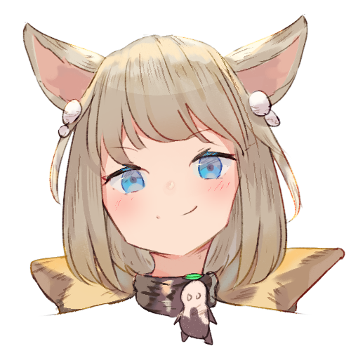 &gt;:) 1girl animal_ears bangs blue_eyes blush brown_hair cat_ears closed_mouth commentary_request eyebrows_visible_through_hair final_fantasy final_fantasy_xiv hair_ornament head looking_at_viewer lowres miqo'te simple_background smile solo tota_(sizukurubiks) white_background