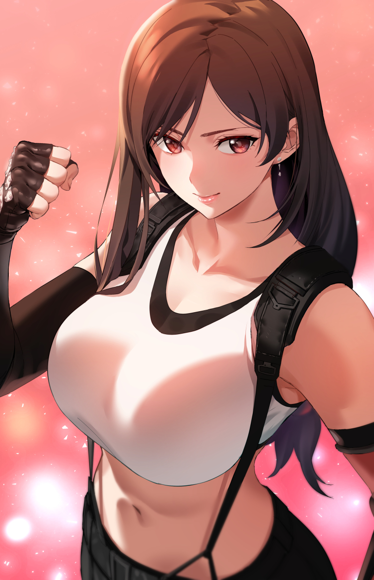 1girl artist_request bangs bare_shoulders black_gloves black_skirt breasts brown_hair clenched_hand closed_mouth commentary_request earrings elbow_gloves final_fantasy final_fantasy_vii final_fantasy_vii_remake gloves hand_up jewelry large_breasts light_smile lips long_hair looking_at_viewer midriff navel pink_background red_eyes simple_background skirt sleeveless solo stomach suspender_skirt suspenders tank_top tifa_lockhart upper_body white_tank_top