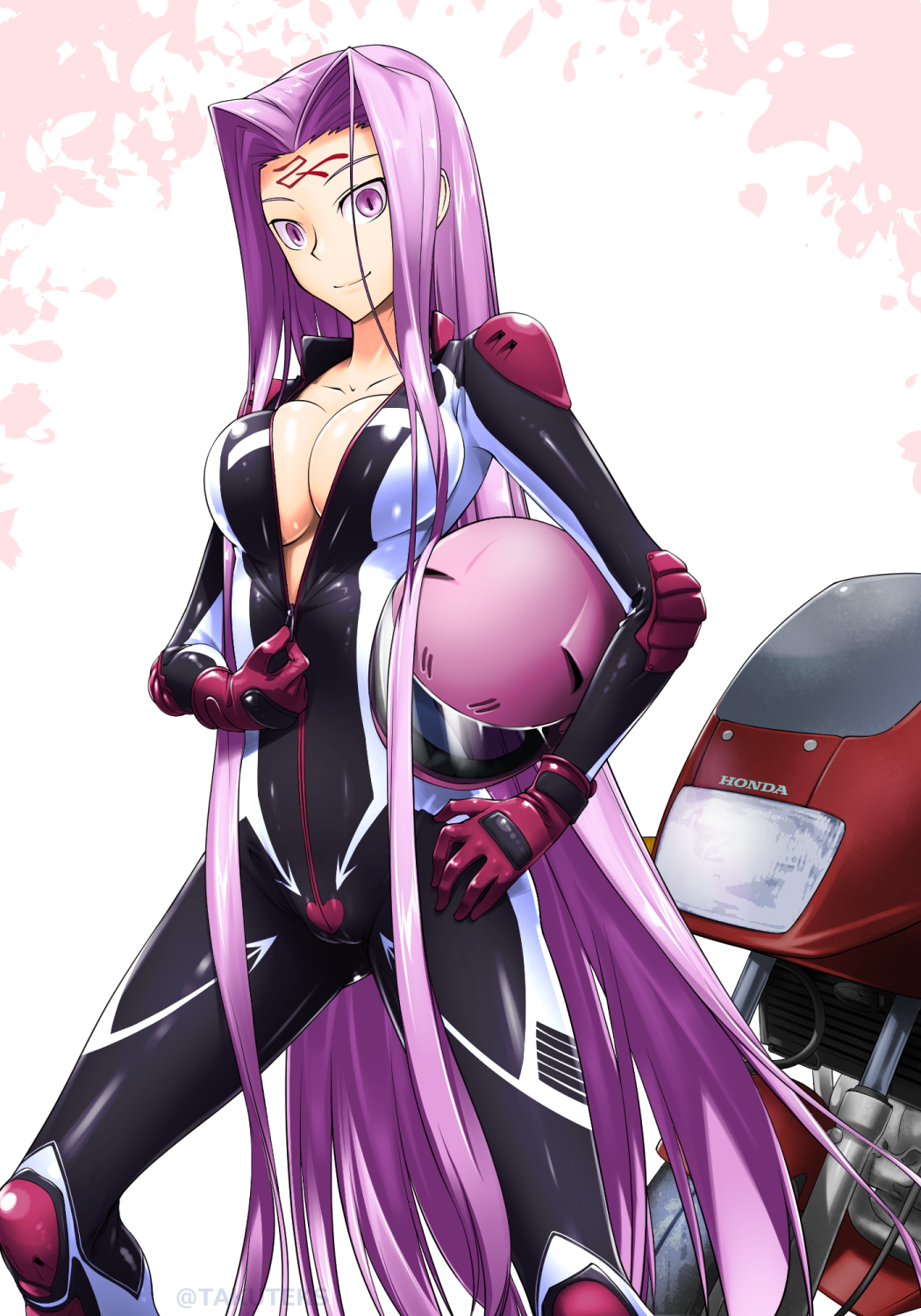 1girl biker_clothes bikesuit breasts facial_mark fate/stay_night fate_(series) forehead_mark full-length_zipper glasses ground_vehicle helmet highres large_breasts long_hair motor_vehicle motorcycle motorcycle_helmet partially_unzipped purple_hair racing_suit rider skin_tight solo takuteks very_long_hair zipper