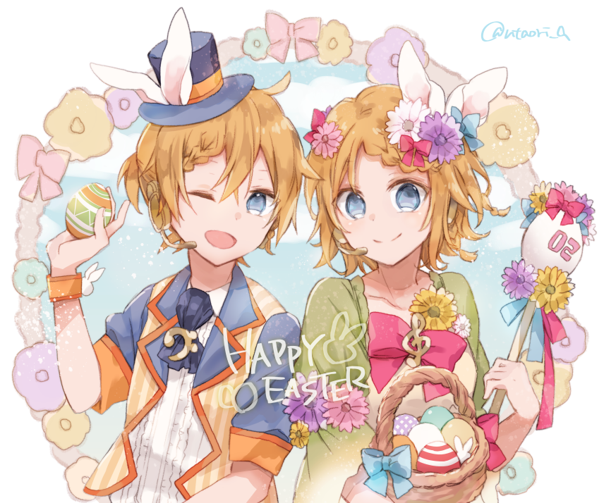 1boy 1girl animal_ears basket blonde_hair blue_eyes closed_mouth commentary dress_flower easter easter_egg egg flower green_jacket hair_flower hair_ornament hand_up hat headphones headset holding_egg jacket kagamine_len kagamine_rin looking_at_viewer one_eye_closed open_mouth rabbit_ears ribbon shirt short_hair short_ponytail smile top_hat treble_clef utaori vest vocaloid white_shirt