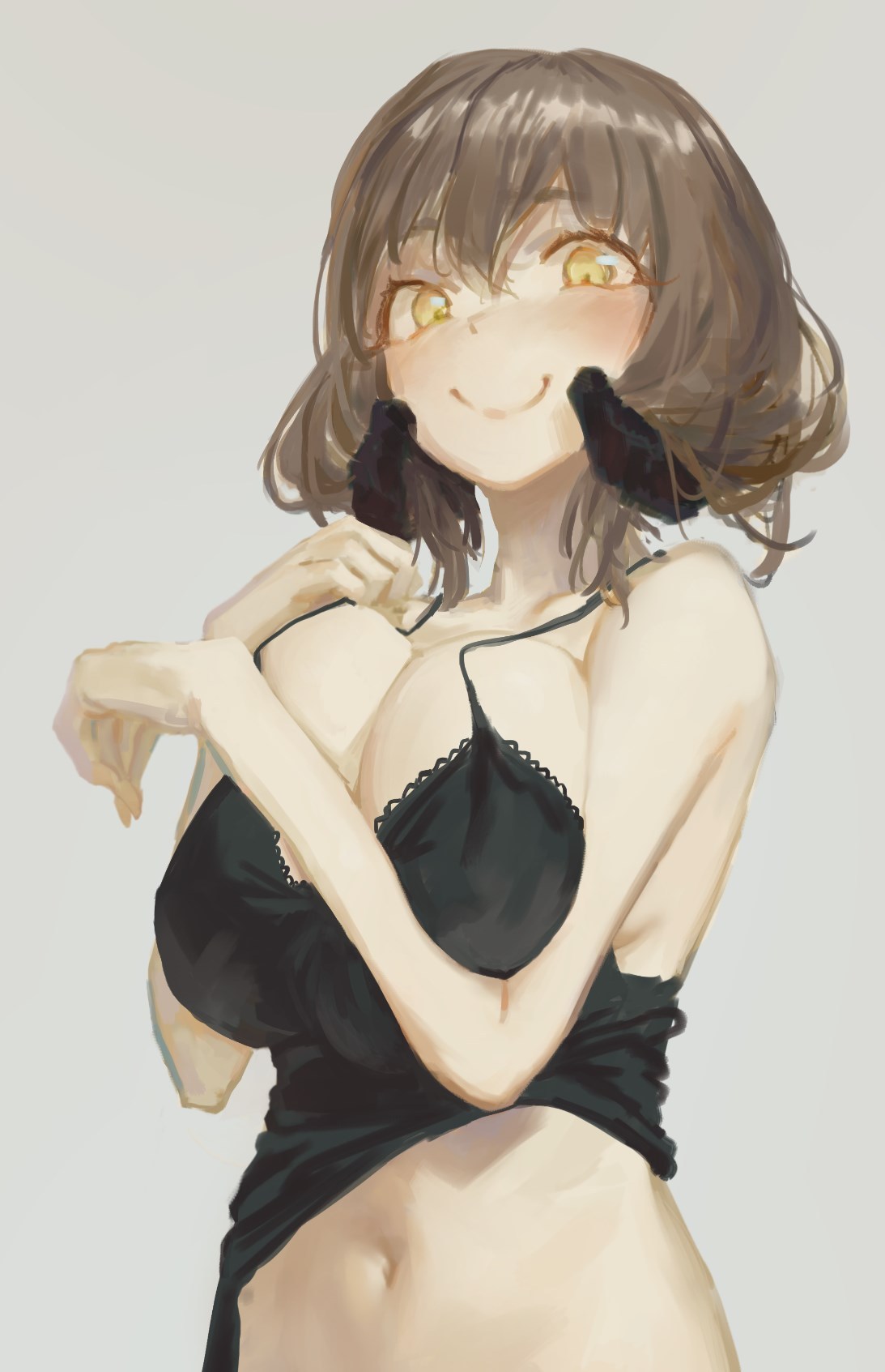 1girl black_camisole blush breast_squeeze breasts brown_hair camisole closed_mouth cowboy_shot curled_horns grey_background hands_up highres horns large_breasts looking_at_viewer midriff navel noccu original short_hair simple_background smile solo yellow_eyes