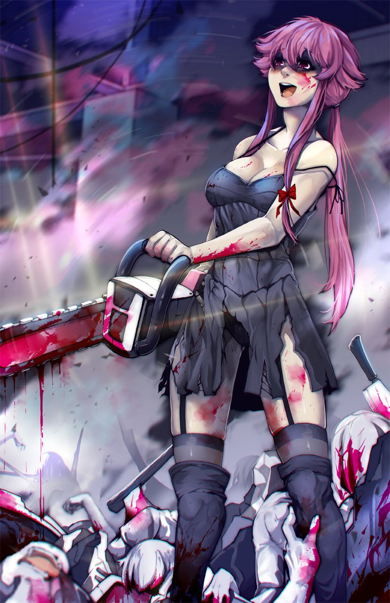 1girl axe blood blood_on_face bloody_clothes bloody_weapon boots breasts chainsaw collarbone commission dress english_commentary eyebrows_visible_through_hair gasai_yuno hair_ribbon highres holding_chainsaw knife long_hair medium_breasts mirai_nikki niandni open_mouth pink_eyes pink_hair ponytail red_ribbon ribbon solo_focus standing torn_clothes torn_dress weapon yandere