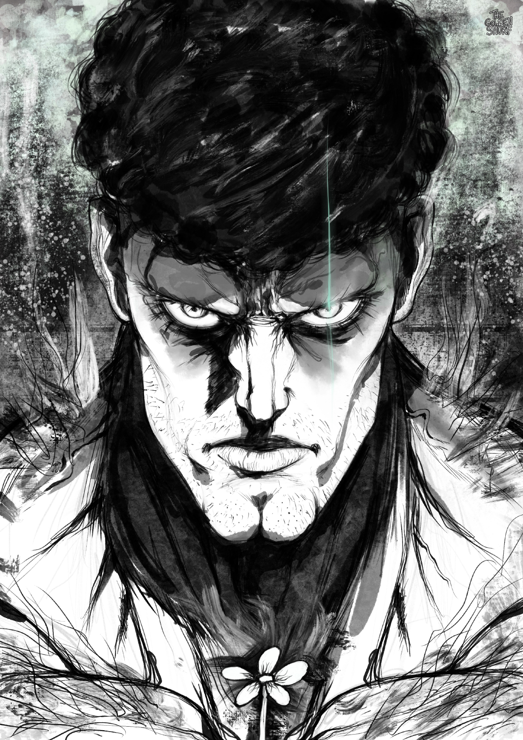 1boy cleft_chin closed_mouth commentary english_commentary facial_hair flower glowing glowing_eyes greyscale highres looking_at_viewer making-of_available male_focus manly monochrome one-punch_man portrait puri_puri_prisoner solo stubble the_golden_smurf