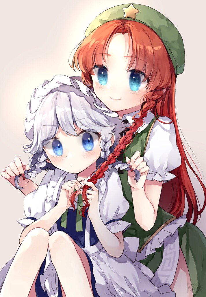 2girls apron beret black_neckwear blue_eyes blush commentary_request frills green_headwear green_neckwear green_skirt green_vest hat hong_meiling izayoi_sakuya knees_up long_hair maid_headdress multiple_girls neck_ribbon playing_with_another's_hair red_nails redhead ribbon risui_(suzu_rks) shirt short_sleeves side_slit signature silver_hair sitting skirt smile star touhou upper_body vest white_shirt