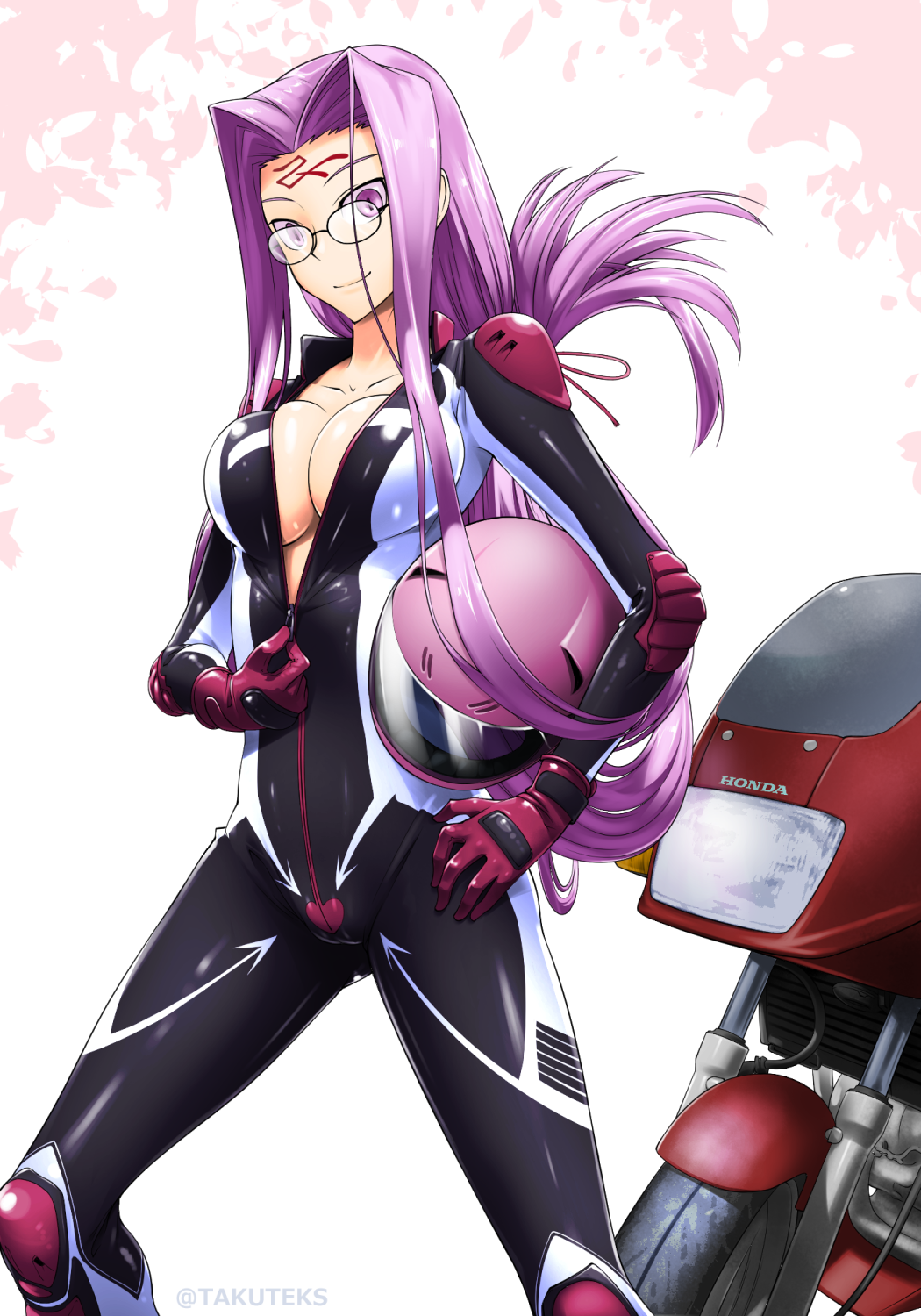 1girl biker_clothes bikesuit breasts facial_mark fate/stay_night fate_(series) folded_hair forehead_mark full-length_zipper glasses ground_vehicle helmet highres large_breasts long_hair motor_vehicle motorcycle motorcycle_helmet partially_unzipped purple_hair racing_suit rider skin_tight solo takuteks very_long_hair zipper