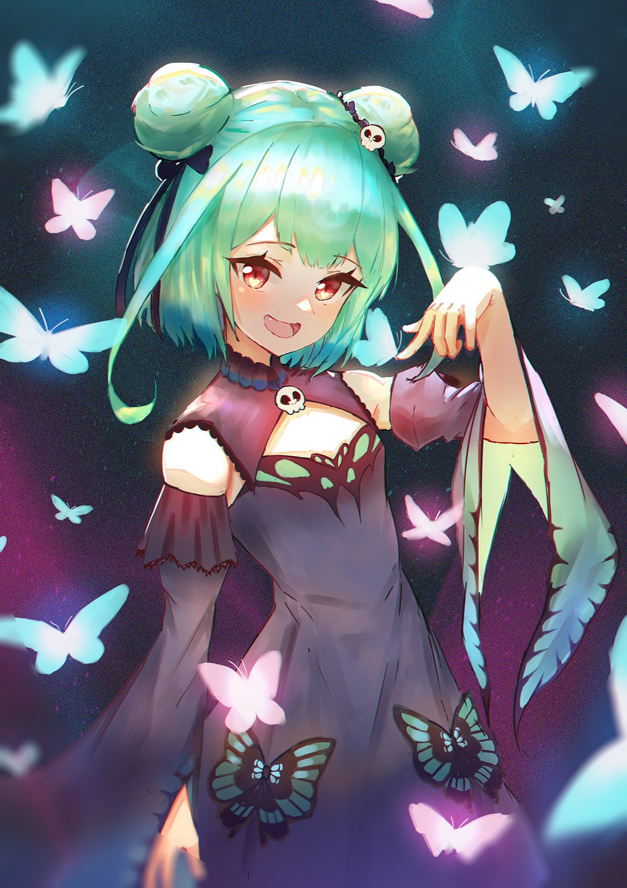 1girl bug butterfly cowboy_shot detached_sleeves double_bun dress frilled_dress frills glowing_butterfly green_hair hair_ornament hair_ribbon highres hololive insect niu_heimar open_mouth red_eyes ribbon skull_hair_ornament smile solo uruha_rushia virtual_youtuber