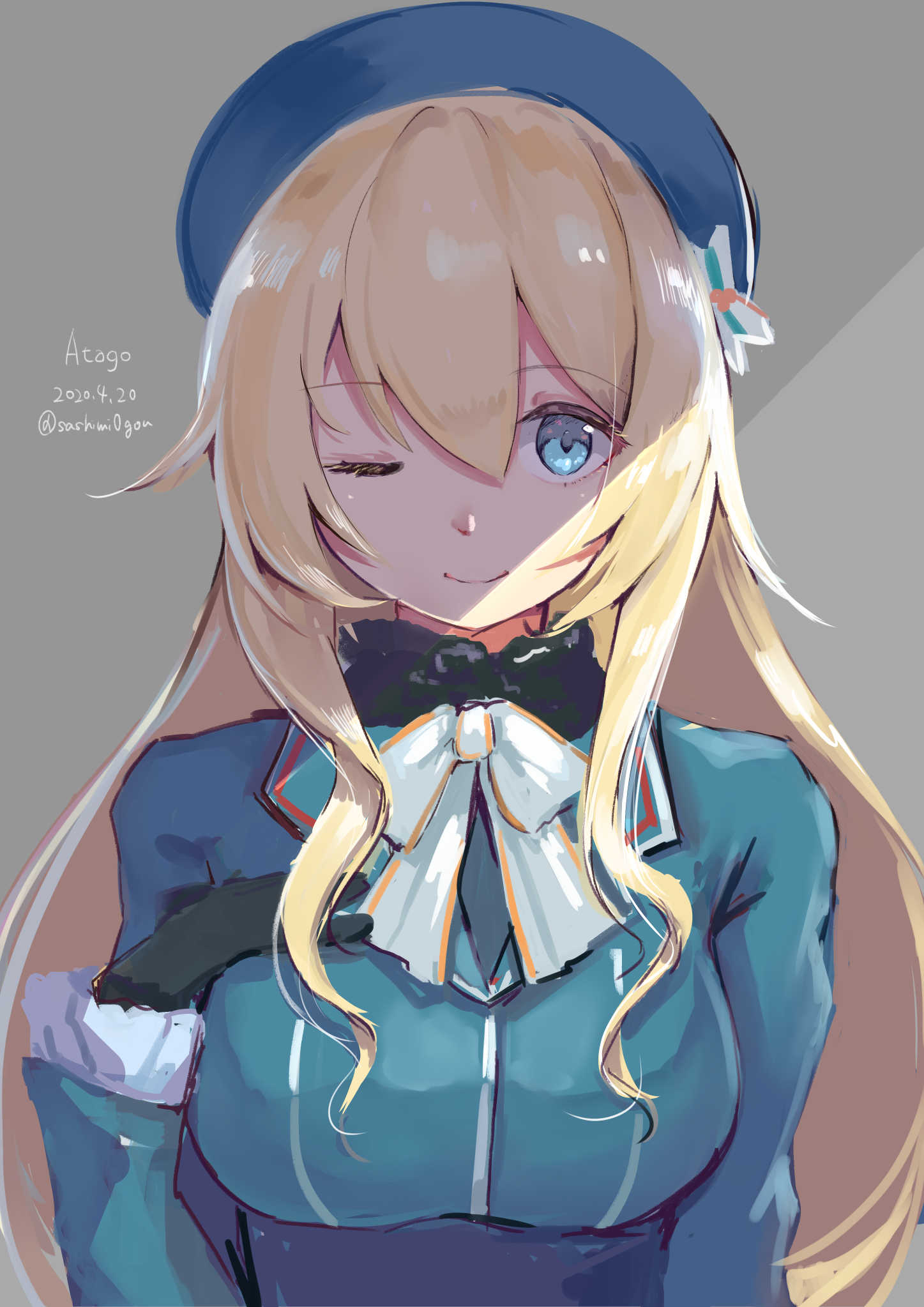 1girl ascot atago_(kantai_collection) beret black_gloves blonde_hair blue_eyes blue_headwear breasts character_name dated gloves grey_background hat highres kantai_collection large_breasts long_hair looking_at_viewer military military_uniform one_eye_closed sashimi0gou simple_background smile solo twitter_username uniform upper_body white_neckwear