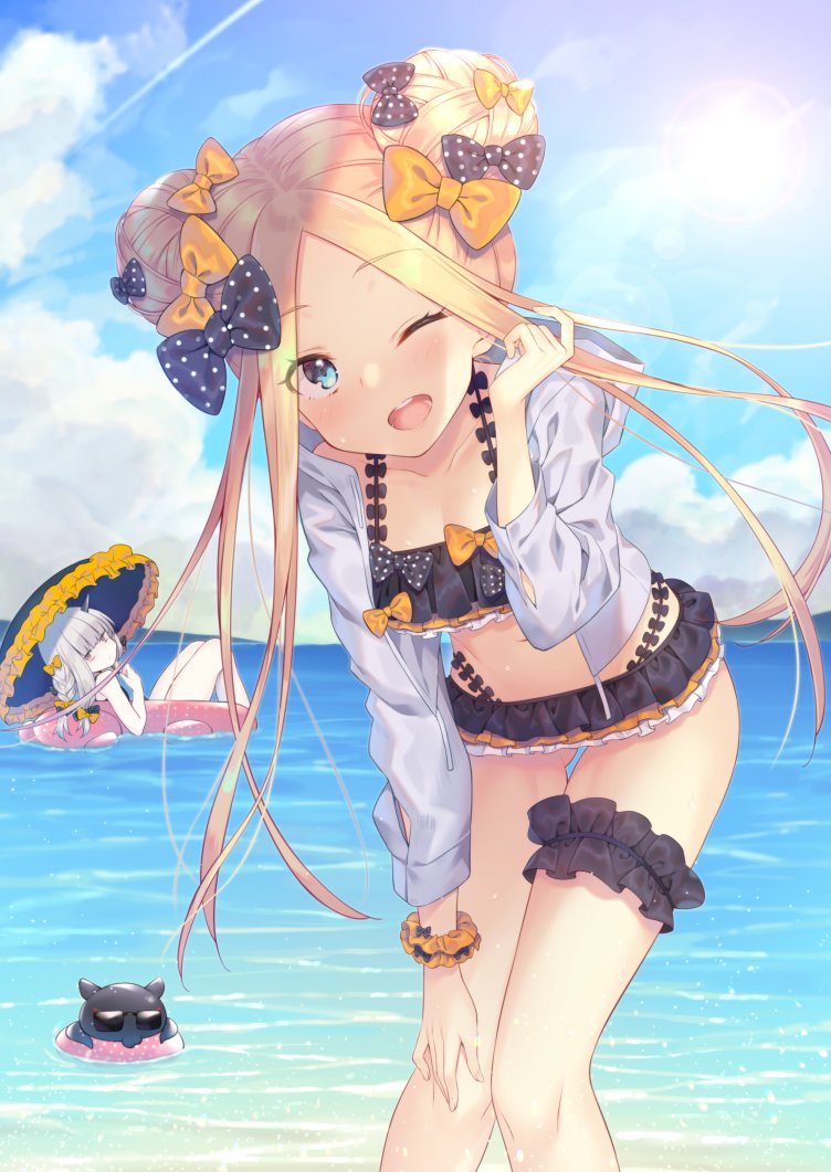 2girls abigail_williams_(fate/grand_order) ass_visible_through_thighs bikini blonde_hair blue_eyes blue_sky bow clouds cloudy_sky collarbone day double_bun emerald_float fate/grand_order fate_(series) hair_bow horn innertube kokusan_moyashi lavinia_whateley_(fate/grand_order) leaning_forward looking_at_viewer looking_back multiple_bows multiple_girls multiple_hair_bows navel ocean octopus one_eye_closed open_mouth scrunchie sidelocks sky smile sunglasses swimsuit thigh_gap thigh_scrunchie tokitarou_(fate/grand_order) umbrella white_hair white_skin wrist_scrunchie