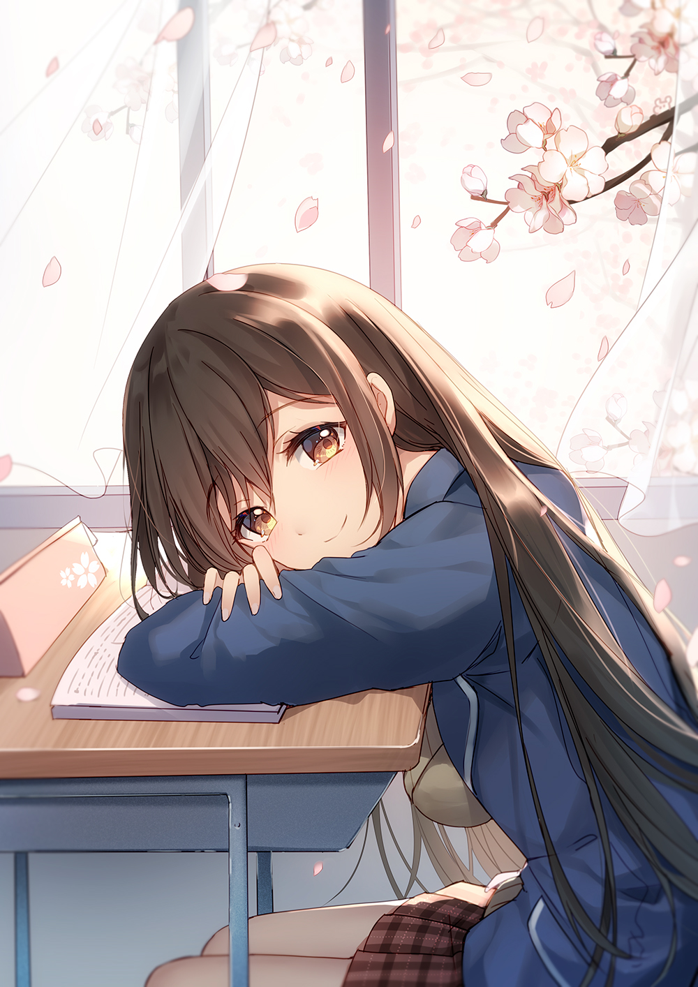 1girl bangs bison_cangshu blue_jacket blush breasts brown_hair brown_skirt chair cherry_blossoms commentary_request curtains desk eyebrows_visible_through_hair from_side grey_legwear highres jacket large_breasts long_hair long_sleeves looking_at_viewer pantyhose pleated_skirt red_eyes school_chair school_desk skirt smile solo warship_girls_r