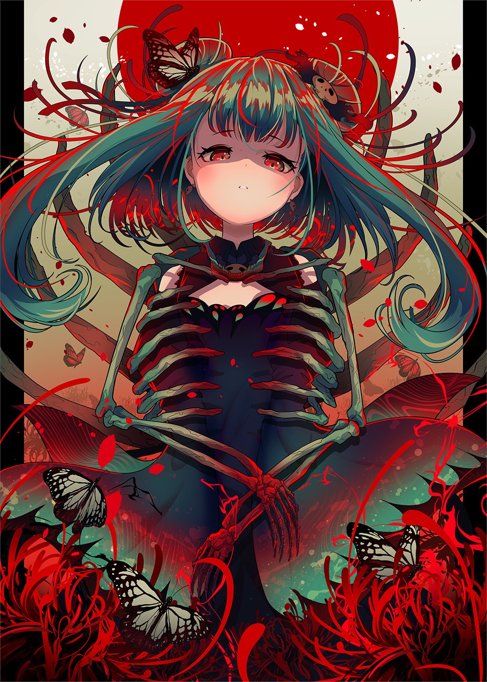 1girl berryverrine bug butterfly cowboy_shot detached_sleeves double_bun dress flower frilled_dress frills green_hair hair_ornament hair_ribbon highres hololive insect red_eyes ribbon shaded_face skeleton skull_hair_ornament solo spider_lily uruha_rushia virtual_youtuber