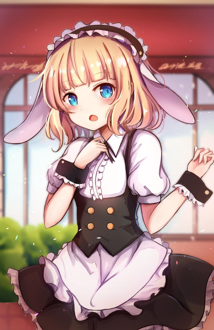 1girl :o animal_ears bangs black_dress blonde_hair blue_eyes blush breasts bunny_girl commentary_request dress eyebrows_visible_through_hair frills highres looking_at_viewer maid_dress maid_headdress nao_(okt8538) open_mouth original rabbit_ears short_sleeves small_breasts solo wrist_cuffs