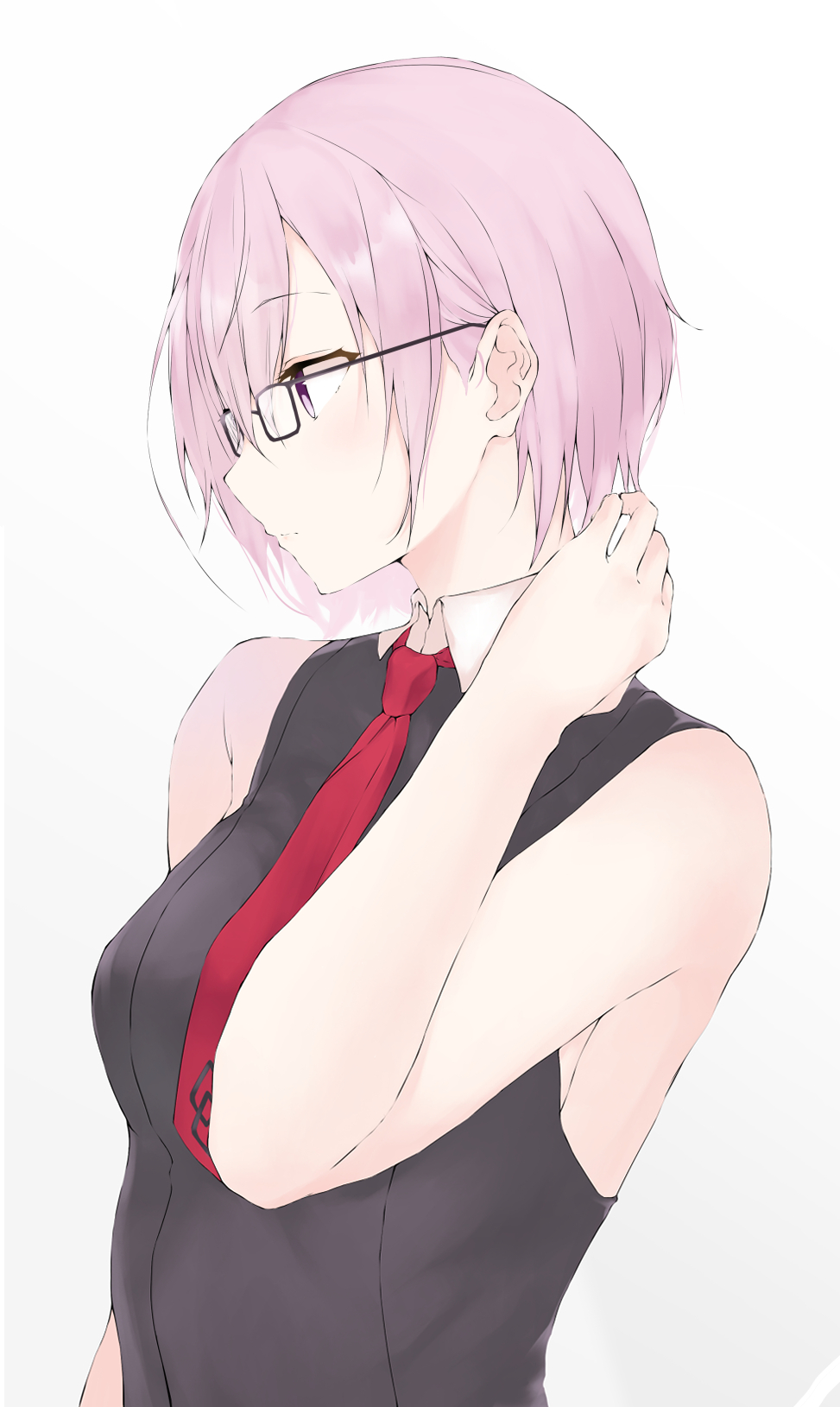 1girl bare_shoulders black_dress breasts commentary_request dress eyebrows_visible_through_hair fate/grand_order fate_(series) glasses hair_over_one_eye highres large_breasts mash_kyrielight necktie parusu_(ehyfhugj) red_neckwear short_hair simple_background solo upper_body violet_eyes white_background