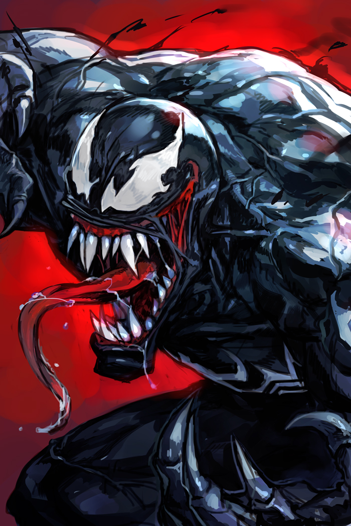 1boy bodysuit claws fangs hankuri long_tongue male_focus marvel mask muscle open_mouth red_background saliva sharp_teeth solo spider-man_(series) symbiote teeth tongue tongue_out venom_(marvel)