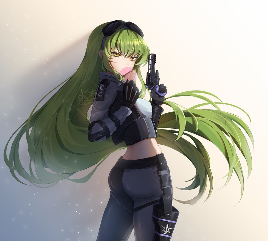 1girl ass bangs black_gloves breasts bubble_blowing c.c. chewing_gum code_geass commentary commission cropped_jacket english_commentary gloves goggles goggles_on_head green_hair holster long_hair looking_back midriff multicolored multicolored_clothes pants sidelocks small_breasts solo thigh_holster trigger_discipline very_long_hair yellow_eyes yoclesh