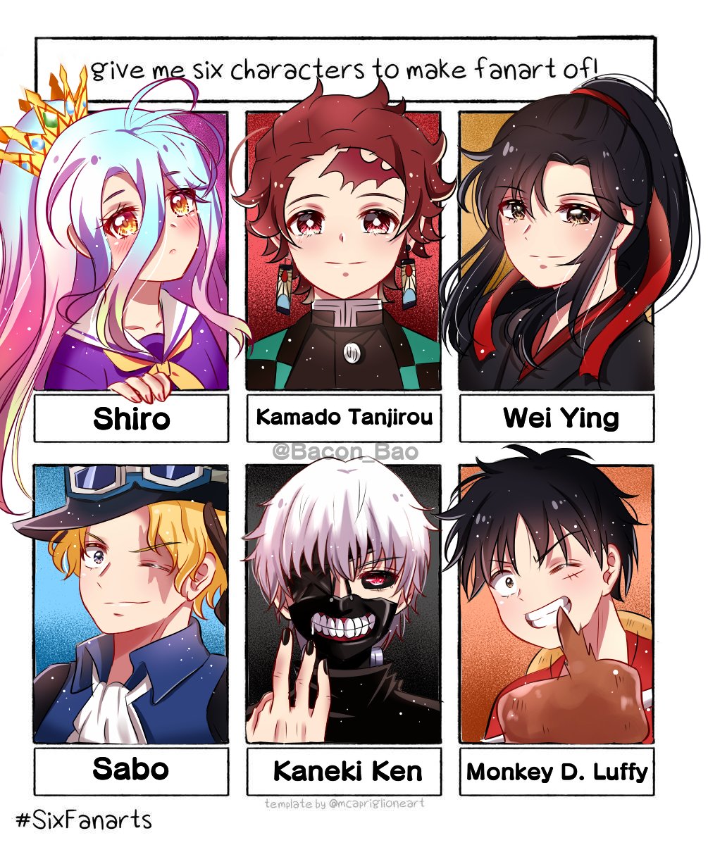 1girl 5boys aqua_hair bacon_bao bangs black_hair black_nails black_sclera blonde_hair blue_shirt blush character_name collared_shirt crown earrings eating english_text food forehead_scar goggles goggles_on_headwear gradient_hair hanafuda hat highres jewelry kamado_tanjirou kaneki_ken kimetsu_no_yaiba long_hair looking_at_viewer meat mo_dao_zu_shi monkey_d_luffy multicolored_hair multiple_boys neckerchief no_game_no_life one_eye_closed one_piece orange_eyes pink_hair ponytail purple_shirt red_eyes sabo_(one_piece) sailor_collar scar shiro_(no_game_no_life) shirt short_hair six_fanarts_challenge smile tokyo_ghoul twitter_username upper_body white_hair white_sailor_collar wuxian_wei yellow_neckwear