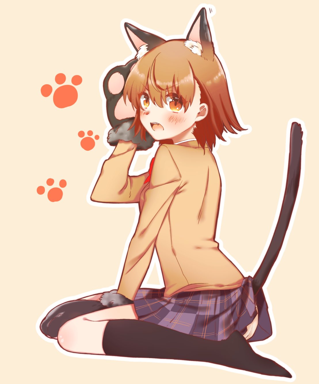 1girl ahoge animal_ears bangs black_ears black_legwear black_tail blazer blush bob_cut bow bowtie brown_eyes brown_hair brown_jacket brown_shorts cat_ears cat_paws cat_tail embarrassed fang from_side furrowed_eyebrows highres jacket looking_at_viewer looking_to_the_side misaka_mikoto open_mouth panties panty_lift paw_print paws plaid plaid_skirt red_bow red_neckwear renka_(ririri1227) short_hair shorts sitting skirt socks solo tail tan_background to_aru_kagaku_no_railgun to_aru_majutsu_no_index underwear yokozuwari