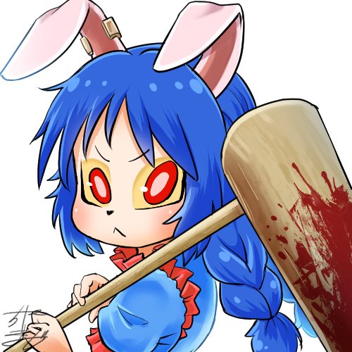 1girl :&lt; ambiguous_red_liquid animal_ears avatar_icon blue_dress blue_hair braid chamaji commentary dress ear_clip eyebrows_visible_through_hair floppy_ears frilled_dress frills long_hair looking_at_viewer lowres mallet moon_rabbit ponytail rabbit_ears red_eyes seiran_(touhou) signature solo stain touhou twin_braids upper_body usagi_kine white_background
