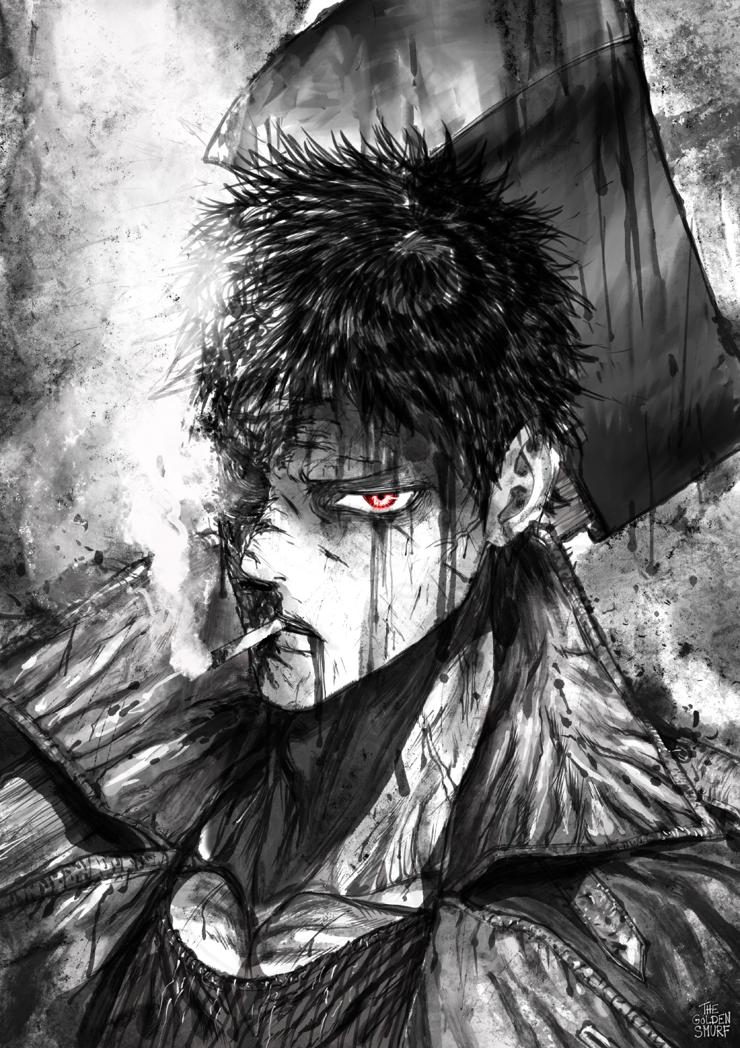 1boy axe blood cigarette coat commentary english_commentary greyscale highres holding holding_weapon making-of_available male_focus monochrome mouth_hold one-punch_man open_clothes open_coat over_shoulder portrait red_eyes scar shirt solo spot_color the_golden_smurf weapon weapon_over_shoulder zombie zombieman