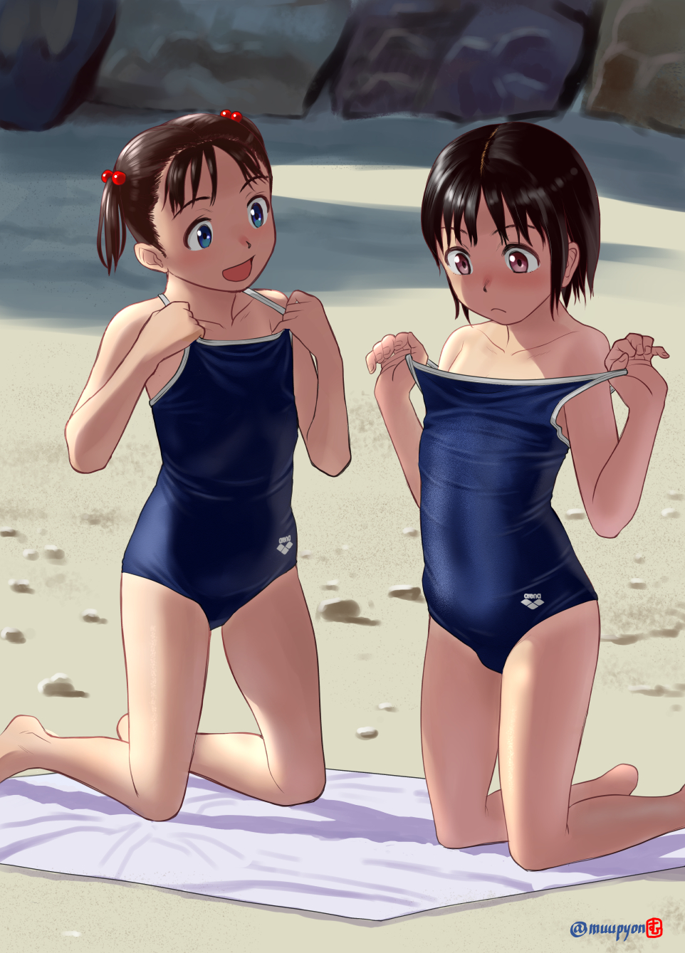 2girls arena_(company) bare_arms bare_legs bare_shoulders blue_swimsuit blush brown_eyes brown_hair collarbone commentary_request competition_school_swimsuit covered_navel eyebrows_visible_through_hair flat_chest full_body hair_bobbles hair_ornament highres kneeling logo looking_at_another mu-pyon multiple_girls open_mouth original outdoors rock sand school_swimsuit short_hair smile swimsuit swimsuit_pull towel twintails