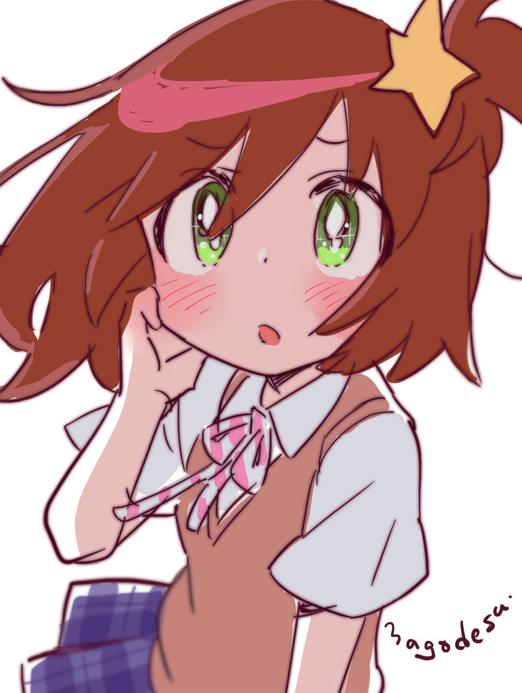 1girl blush bright_pupils brown_hair checkered checkered_skirt eyebrows_visible_through_hair green_eyes hair_ornament looking_at_viewer luluco mago pleated_skirt school_uniform side_ponytail simple_background sketch skirt solo star star_hair_ornament uchuu_patrol_luluco upper_body white_background white_pupils