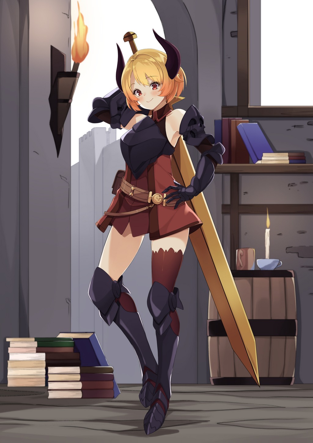 1girl arm_up armor barrel blonde_hair blush book_stack brown_eyes candle closed_mouth collarbone commission demon_girl demon_horns eyebrows_visible_through_hair full_body hand_on_hip highres holding holding_sword holding_weapon horns indoors knight looking_at_viewer multicolored_hair orange_hair original ryan_edian short_hair smile solo standing sword torch two-tone_hair weapon