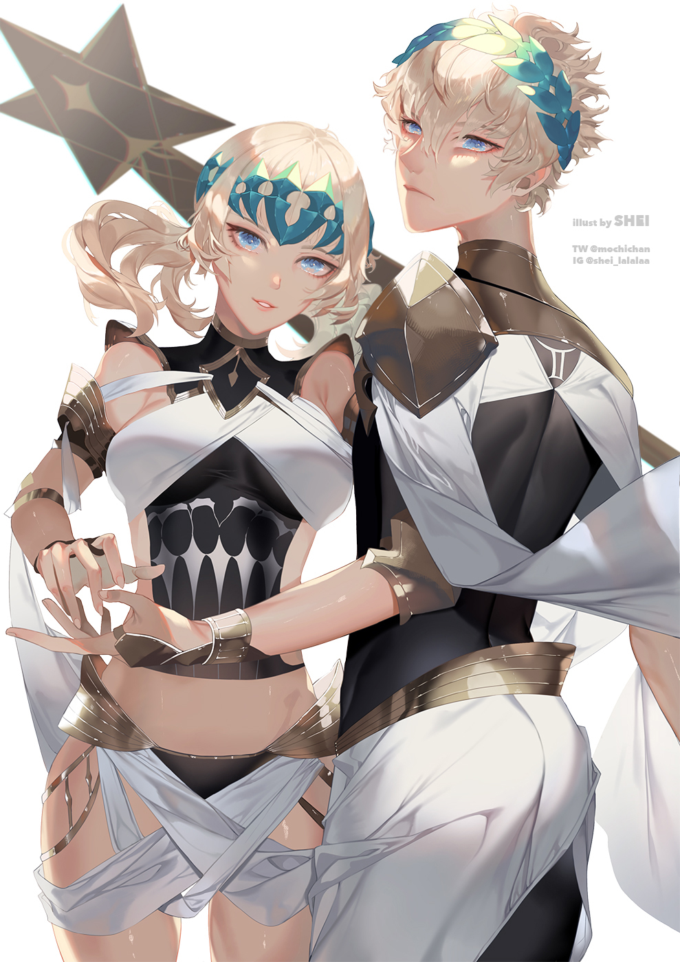 1boy 1girl armlet bangs bare_shoulders black_panties black_shirt blonde_hair blue_eyes bracelet breasts bridal_gauntlets brother_and_sister castor_(fate/grand_order) closed_mouth collar diadem fate/grand_order fate_(series) highres jewelry looking_at_viewer medium_breasts medium_hair metal_collar panties parted_lips pauldrons pollux_(fate/grand_order) shei99 shirt short_hair siblings simple_background smile sword thighs twins underwear weapon white_background white_robe