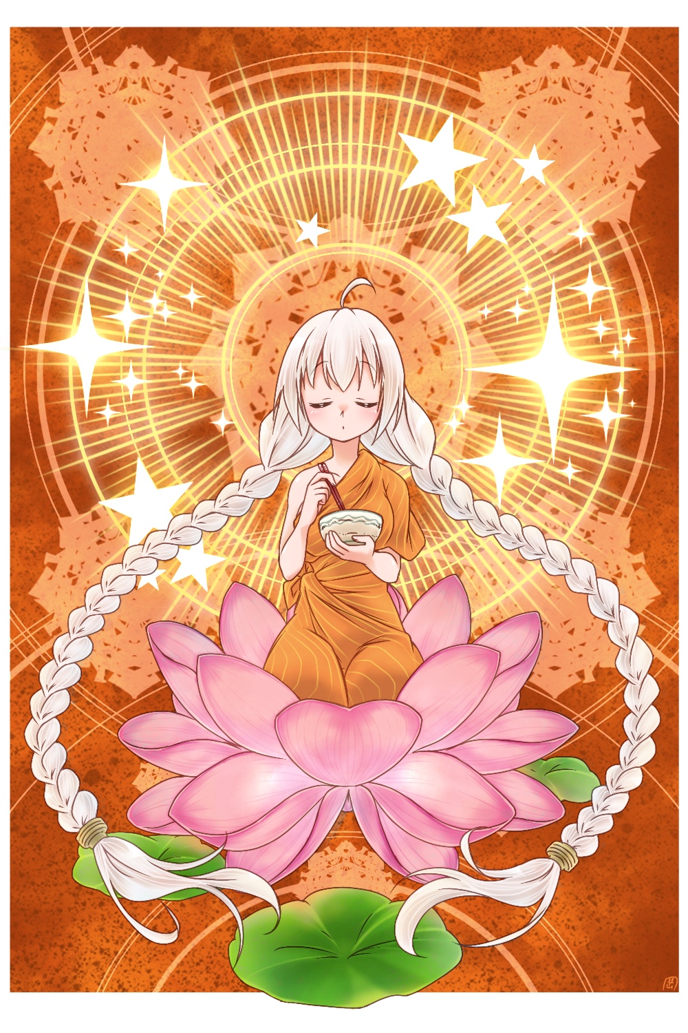 1girl ahoge bowl braid buddhism chopsticks closed_eyes closed_mouth commentary ekaki-ya_okamoto facing_viewer flower full_body highres holding holding_bowl holding_chopsticks kizuna_akari kneeling lily_pad long_hair lotus lotus_pedestal mandala orange_robe red_background robe silver_hair solo star sunburst twin_braids very_long_hair vocaloid voiceroid