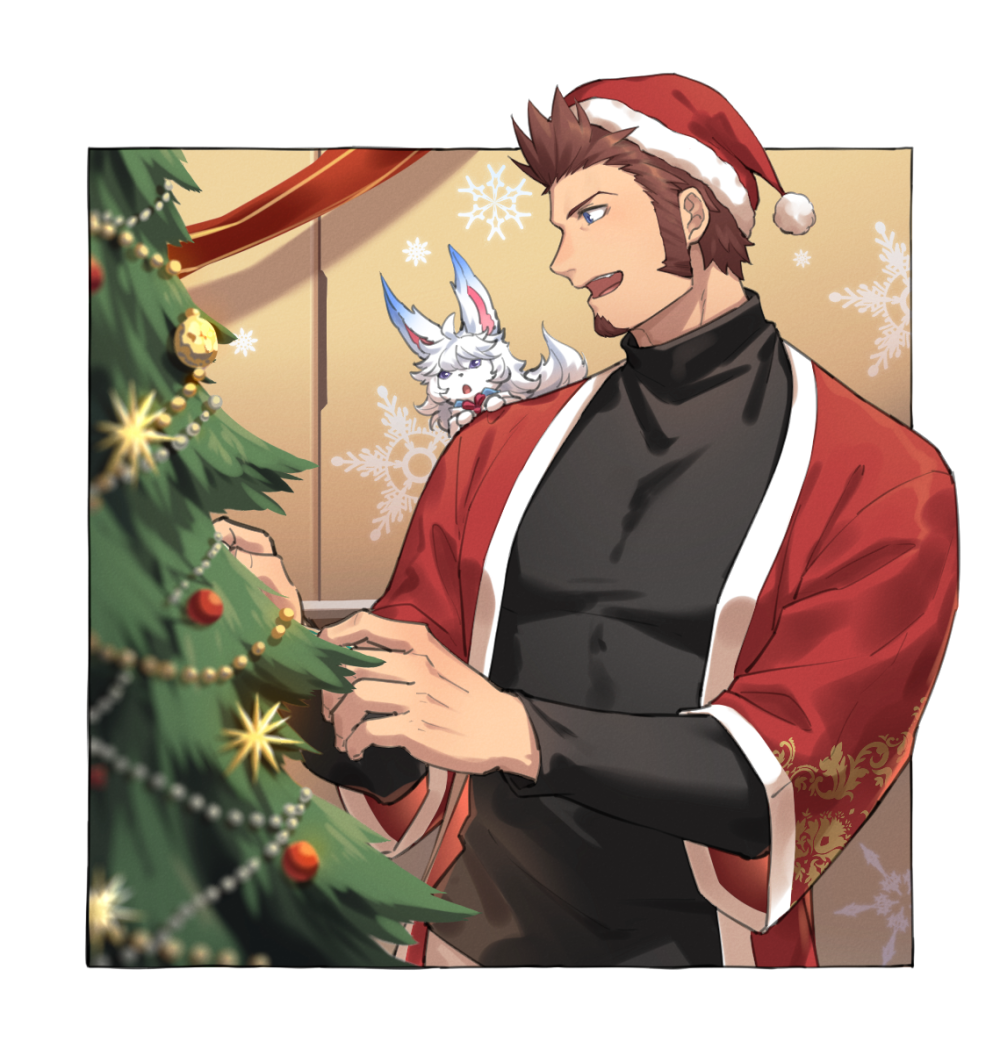 1boy 47_(479992103) beard blue_eyes brown_hair chest christmas christmas_lights christmas_ornaments christmas_stocking christmas_tree creature decorations facial_hair fate/grand_order fate_(series) fou_(fate/grand_order) hat jacket long_sleeves male_focus merry_christmas muscle napoleon_bonaparte_(fate/grand_order) santa_costume sideburns smile solo string_of_flags