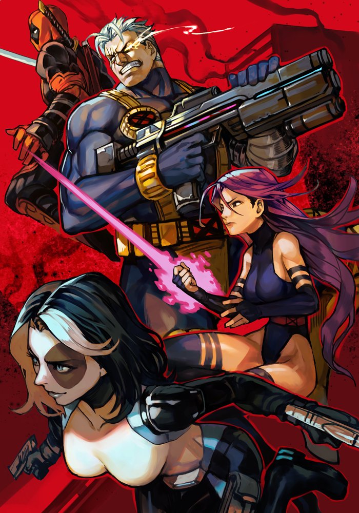 2boys 2girls belt_pouch black_hair bodysuit cable_(marvel) deadpool domino_(marvel) gun hankuri holding holding_gun holding_weapon leg_belt leotard looking_up marvel mask multiple_boys multiple_girls pouch psylocke purple_hair red_background short_hair sword thigh-highs weapon weapon_on_back