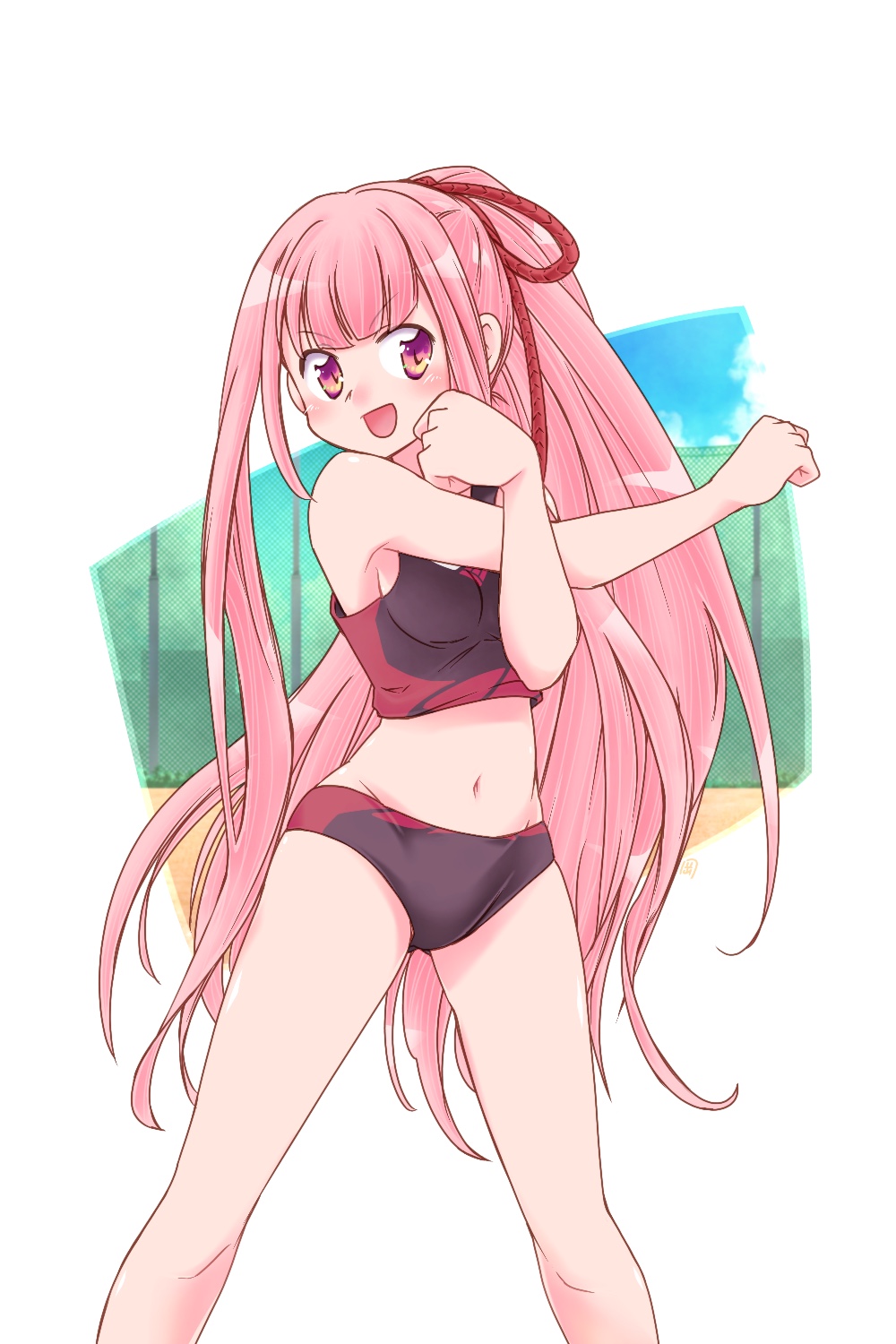 1girl black_sports_bra blush clenched_hands commentary ekaki-ya_okamoto feet_out_of_frame hair_tie highres kotonoha_akane long_hair navel open_mouth outstretched_arm pink_eyes pink_hair smile solo sports_bikini standing stretch v-shaped_eyebrows very_long_hair voiceroid white_background