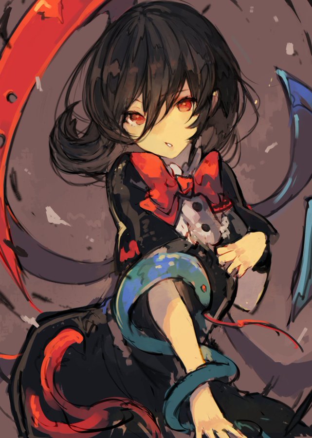 1girl black_hair bow buttons chobi_(sakuyasakuhana) downscaled dress houjuu_nue md5_mismatch red_eyes resized snake touhou