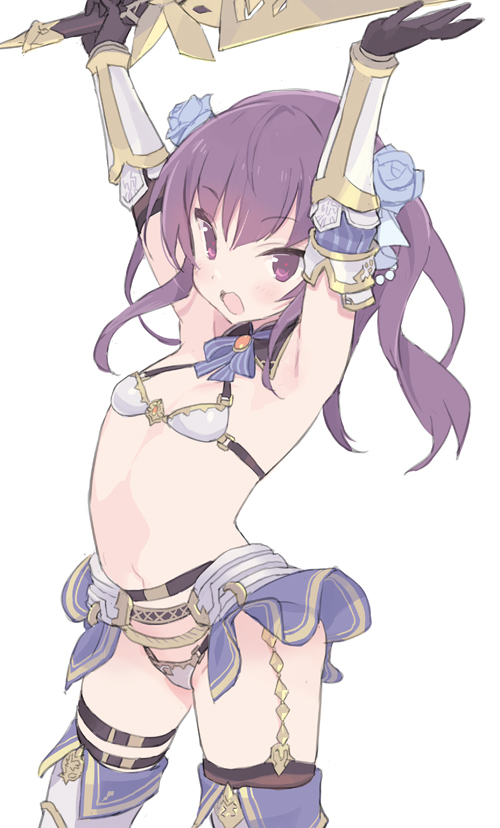 1girl alice_gear_aegis armor armpits arms_up bangs bare_shoulders bikini bikini_armor blade_(galaxist) blue_flower blue_ribbon blue_rose blush bow breasts brown_gloves eyebrows_visible_through_hair flower gloves grey_bikini hair_between_eyes hair_bow hair_ribbon holding holding_sword holding_weapon ichijou_ayaka long_hair open_mouth purple_hair ribbon rose showgirl_skirt simple_background small_breasts solo swimsuit sword thigh-highs thigh_strap twintails violet_eyes weapon white_background white_legwear