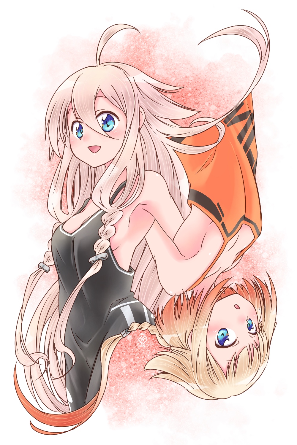 2girls armpits bare_shoulders black_dress blue_eyes braid braided_ponytail breasts cevio commentary dress ekaki-ya_okamoto expressionless gradient_hair highres ia_(vocaloid) long_hair looking_at_viewer multicolored_hair multiple_girls one_(cevio) open_mouth orange_dress platinum_blonde_hair rotational_symmetry short_hair side_braids sidelocks small_breasts smile upside-down very_long_hair vocaloid