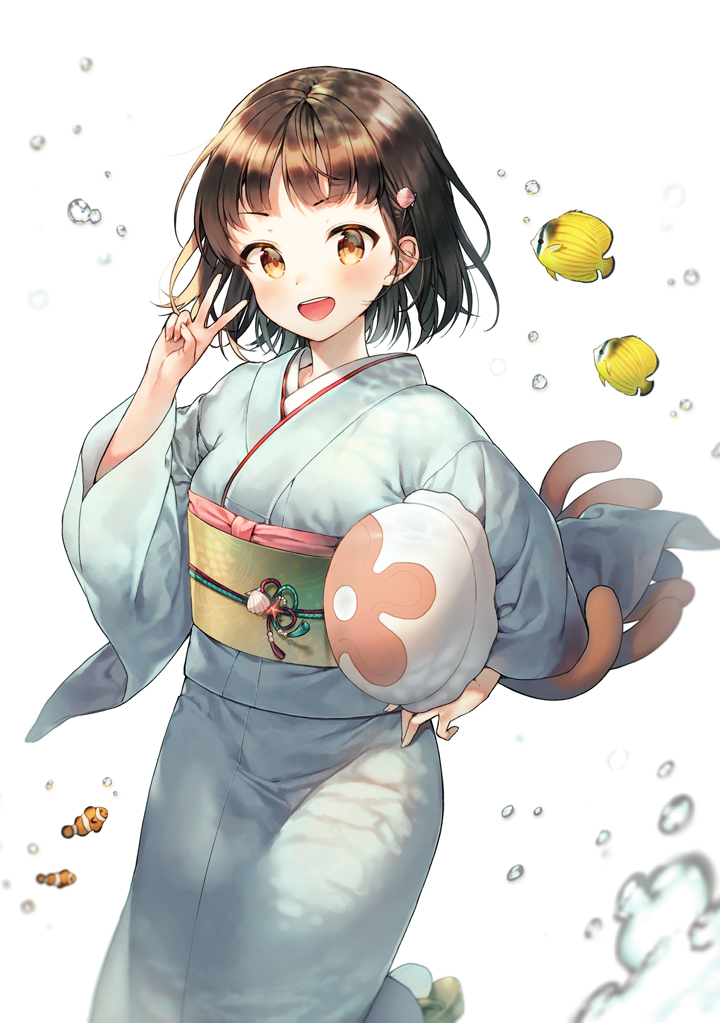 1girl :d animal bangs black_hair blue_kimono blurry blurry_foreground blush brown_eyes carrying_under_arm clownfish commentary_request depth_of_field eyebrows_visible_through_hair fish hair_ornament hand_up japanese_clothes kimono long_sleeves looking_at_viewer midorikawa_you obi open_mouth original sash seashell_hair_ornament simple_background smile solo upper_teeth v water white_background wide_sleeves