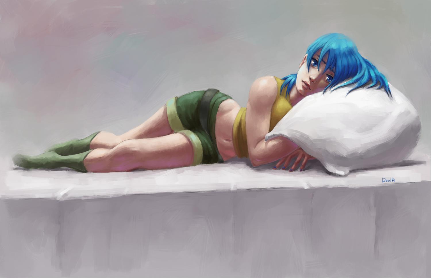 1girl belt blue_eyes blue_hair crop_top doolio leona_heidern midriff navel on_bed pillow shorts the_king_of_fighters