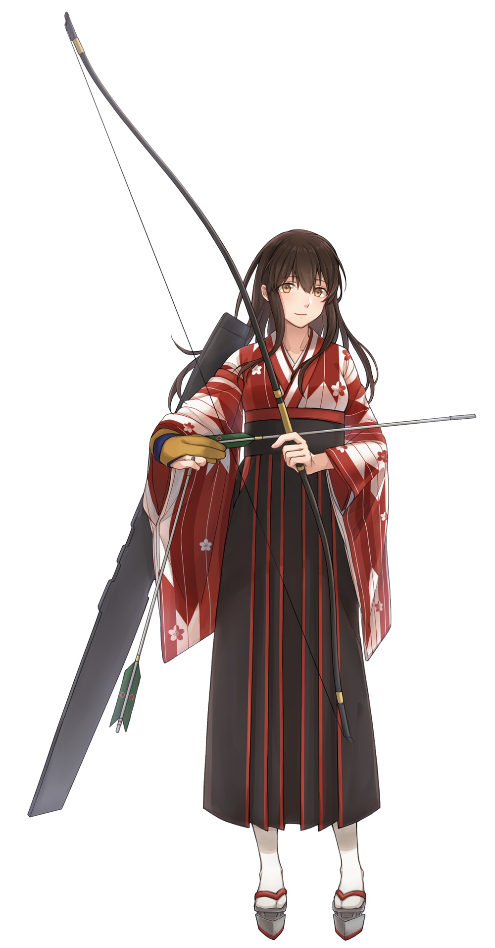 1girl akagi_(kantai_collection) arrow asakawa_shinka black_hakama bow_(weapon) brown_eyes brown_hair flight_deck full_body geta gloves hakama hakama_skirt highres holding holding_bow_(weapon) holding_weapon japanese_clothes kantai_collection long_hair partly_fingerless_gloves simple_background solo straight_hair tabi weapon white_background wide_sleeves yugake yumi_(bow)