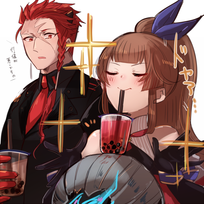 1boy 1girl black_gloves black_suit blue_bow bow braid brown_hair bubble_tea burn_scar closed_eyes cup disposable_cup drinking drinking_straw earrings elbow_gloves gilbert_eisenshudel gloves hair_bow holding horn jewelry long_hair long_sleeves looking_at_another narumiko_busa open_mouth pixiv_fantasia pixiv_fantasia_last_saga ponytail putoma pyrite_alchemist_ripley red_eyes red_gloves red_neckwear redhead scar side_braid sidelocks smile