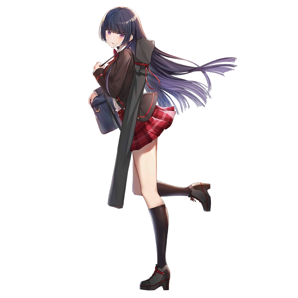 1girl bag black_hair blush jacket king's_raid long_hair looking_at_viewer looking_back necktie open_clothes open_jacket plaid plaid_skirt school_bag school_uniform seria_(king's_raid) shirt skirt student thigh-highs transparent_background violet_eyes weapon_bag white_shirt