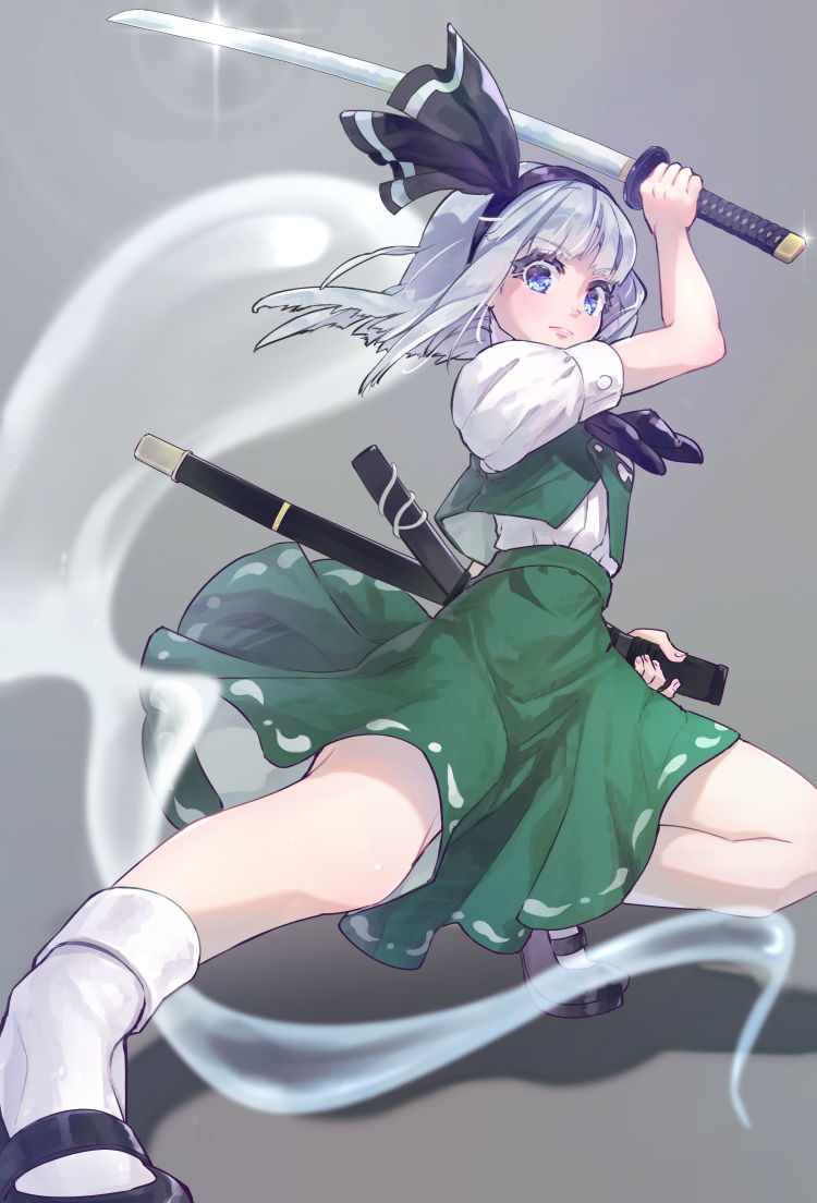 1girl arm_up bangs black_footwear black_hairband black_neckwear black_ribbon blue_eyes blush commentary_request eyebrows_visible_through_hair glint green_skirt green_vest grey_background hair_ribbon hairband hitodama holding holding_sword holding_weapon katana konpaku_youmu konpaku_youmu_(ghost) looking_at_viewer mary_janes miniskirt puffy_short_sleeves puffy_sleeves ribbon scabbard shadow sheath shirt shoes short_hair short_sleeves silver_hair simple_background skirt skirt_set socks solo sword syuri22 touhou vest weapon white_legwear white_shirt