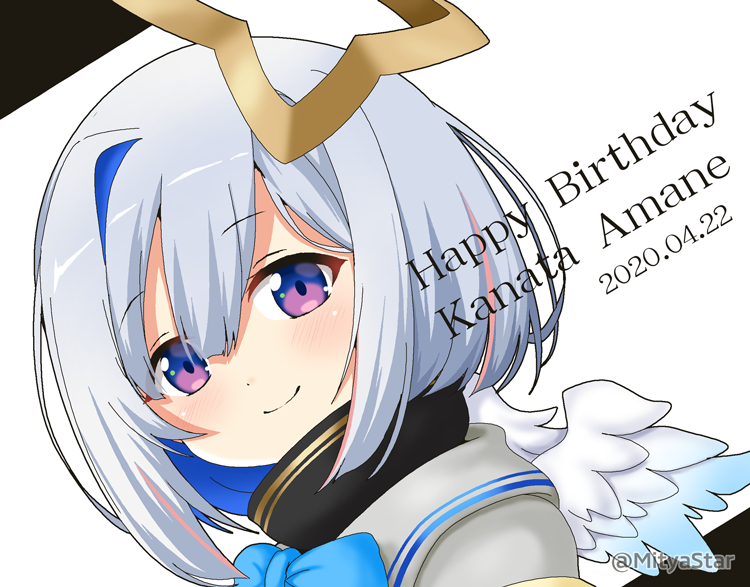 1girl amane_kanata bangs black_background blue_bow blue_hair blue_wings blush bow character_name closed_mouth commentary_request dated eyebrows_visible_through_hair feathered_wings gradient gradient_wings grey_jacket hair_between_eyes happy_birthday high_collar hololive jacket looking_at_viewer miicha multicolored multicolored_hair multicolored_wings silver_hair smile solo twitter_username two-tone_background two-tone_hair violet_eyes virtual_youtuber white_background white_wings wings