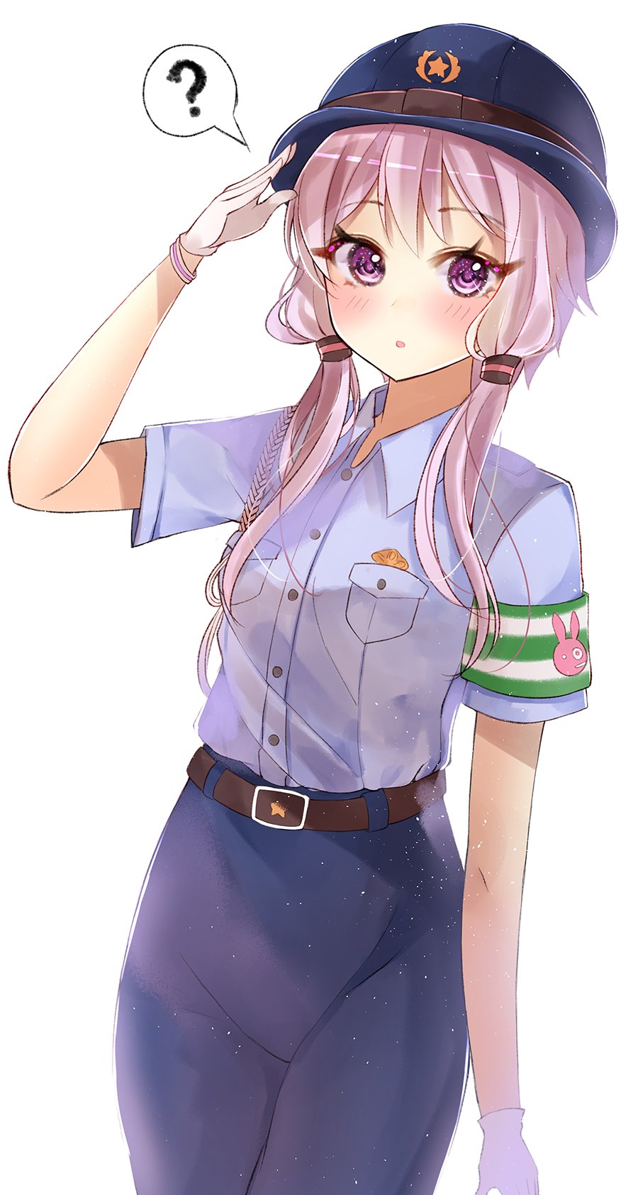 ? animal_print armband belt blue_headwear blue_pants blue_shirt blush bracelet bunny_print commentary_request cowboy_shot gloves hair_tubes hat highres jewelry korean_commentary looking_at_viewer narami pants parted_lips police police_hat police_uniform purple_hair salute shirt short_hair_with_long_locks speech_bubble spoken_question_mark star star_print uniform violet_eyes vocaloid voiceroid white_background white_gloves yuzuki_yukari