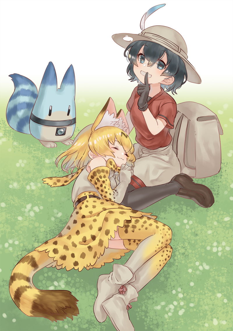 2girls :3 animal_ears bare_shoulders beige_shorts black_gloves black_hair black_legwear blonde_hair blue_eyes boots bow bowtie closed_eyes commentary_request elbow_gloves eyebrows_visible_through_hair finger_to_mouth gloves grass hat_feather helmet high-waist_skirt inukoro_(spa) kaban_(kemono_friends) kemono_friends lap_pillow loafers lucky_beast_(kemono_friends) multiple_girls pantyhose pith_helmet print_gloves print_legwear print_neckwear print_skirt red_shirt serval_(kemono_friends) serval_ears serval_print serval_tail shirt shoes short_hair shorts skirt sleeping sleeveless smile t-shirt tail thigh-highs white_shirt
