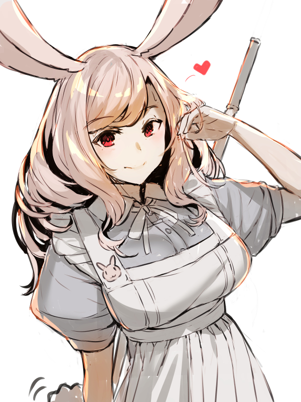 1girl animal_ears apron bangs blush breasts brown_hair closed_mouth collared_dress commentary_request dress eyebrows_visible_through_hair grey_dress hand_in_hair hand_up heart long_hair looking_at_viewer medium_breasts neck_ribbon original puffy_short_sleeves puffy_sleeves rabbit_ears red_eyes ribbon short_sleeves simple_background solo white_apron white_background white_ribbon yuuji_(yukimimi)