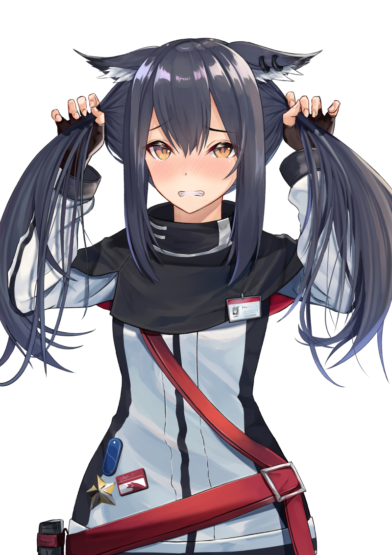 1girl alternate_hairstyle animal_ear_fluff animal_ears arknights bangs belt black_capelet black_gloves black_hair blush brown_eyes capelet clenched_teeth commentary earrings eyebrows_visible_through_hair fingerless_gloves gloves hair_between_eyes hakumasu hands_up high_collar id_card jacket jewelry long_hair long_sleeves looking_at_viewer nose_blush red_belt sidelocks simple_background solo star teeth texas_(arknights) twintails upper_body white_background white_jacket wolf_ears