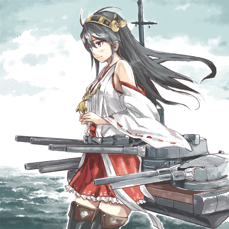 1girl aida_yuu bangs blush boots breasts detached_sleeves frilled_skirt frills grey_hair hair_ornament hairclip haruna_(kantai_collection) headgear japanese_clothes kantai_collection long_hair long_sleeves medium_breasts nontraditional_miko ocean outdoors red_skirt ribbon-trimmed_sleeves ribbon_trim rigging skirt sky smile solo thigh-highs thigh_boots water