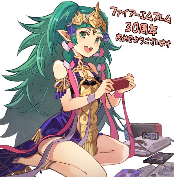 1girl barefoot braid dress famicom fire_emblem fire_emblem:_three_houses game_console green_eyes green_hair hair_ornament holding long_hair nij_24 nintendo_switch open_mouth pointy_ears ribbon_braid simple_background sitting solo sothis_(fire_emblem) tiara twin_braids white_background