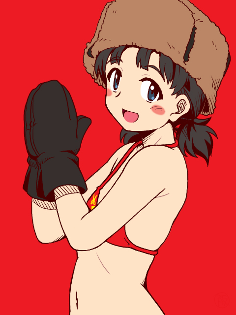 1girl bangs bikini black_mittens blue_eyes blush_stickers breasts brown_hair brown_headwear commentary_request fur_hat girls_und_panzer hat looking_at_viewer navel nina_(girls_und_panzer) oosaka_kanagawa open_mouth red_background red_bikini short_hair short_twintails simple_background small_breasts smile solo swimsuit twintails upper_body ushanka