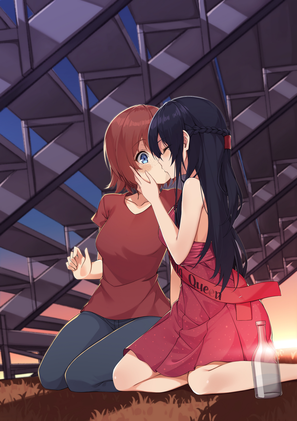 2girls black_hair blue_eyes bottle braid breasts closed_eyes collarbone commission denim dress eyebrows_visible_through_hair facing_another freckles highres jeans kiss large_breasts long_hair looking_at_another multiple_girls original outdoors pants railing red_dress red_shirt redhead ryan_edian seiza shirt short_hair sitting stairs sunset wariza yuri