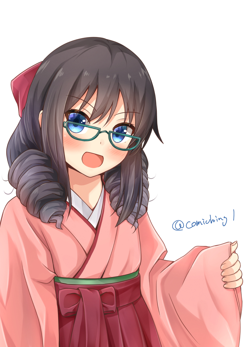 1girl alternate_hairstyle asashio_(kantai_collection) bespectacled black_hair blue_eyes bow comiching commentary_request cosplay drill_hair glasses green-framed_eyewear hair_bow hakama harukaze_(kantai_collection) harukaze_(kantai_collection)_(cosplay) highres japanese_clothes kantai_collection meiji_schoolgirl_uniform open_mouth pink_hakama red_bow sleeves_past_wrists smile solo twin_drills twitter_username upper_body